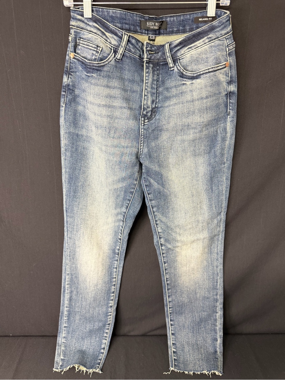 Judy Blue Relaxed Fit Jeans 7/28 Medium Wash Raw Hem Distressed Denim